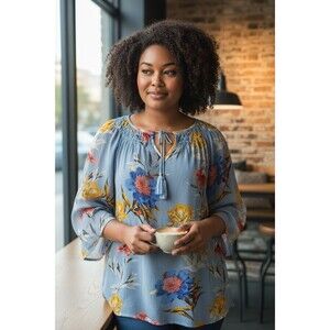 Vintage Lucky Brand Blouse,  Size 1X, Shear Floral Design, Gray,Tie W/ Fringe...